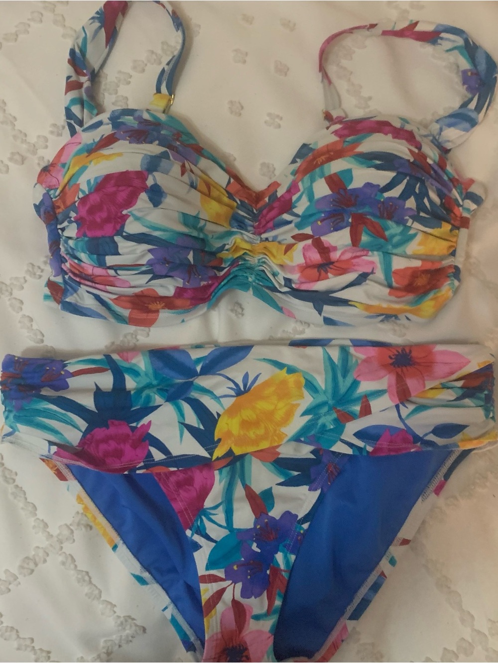 Rod Beattie Floral Ruched Bikini Set in White, Blue, Pink & Yellow Ladies Sz 6